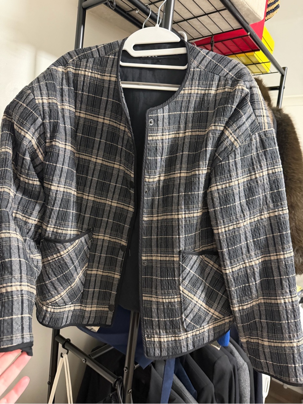Zara Gray & Cream Plaid Collarless Bomber Jacket